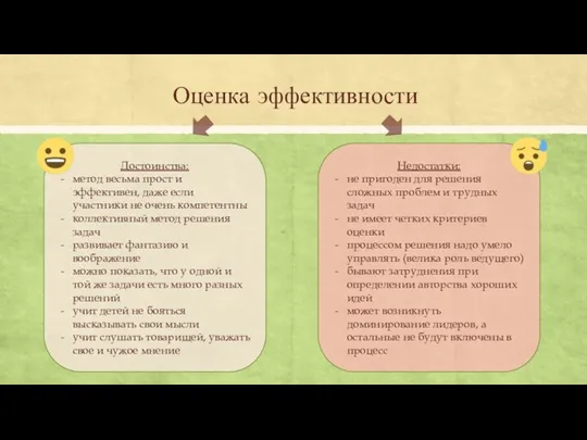 Оценка эффективности Достоинства: метод весьма прост и эффективен, даже если участники не