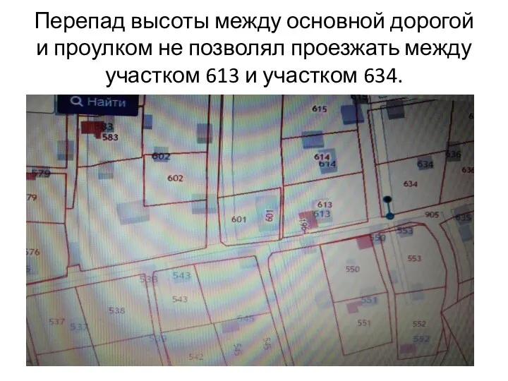 Перепад высоты между основной дорогой и проулком не позволял проезжать между участком 613 и участком 634.