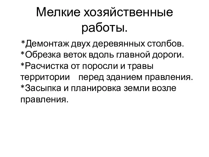 Мелкие хозяйственные работы. *Демонтаж двух деревянных столбов. *Обрезка веток вдоль главной дороги.