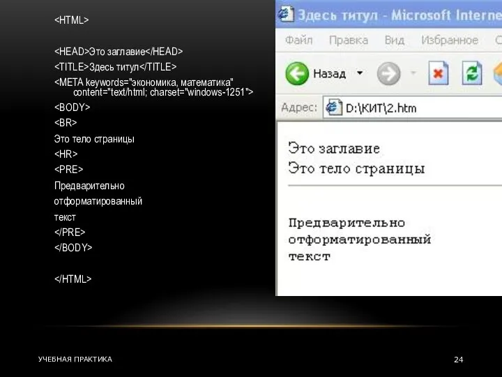 Это заглавие Здесь титул Это тело страницы Предварительно отформатированный текст УЧЕБНАЯ ПРАКТИКА