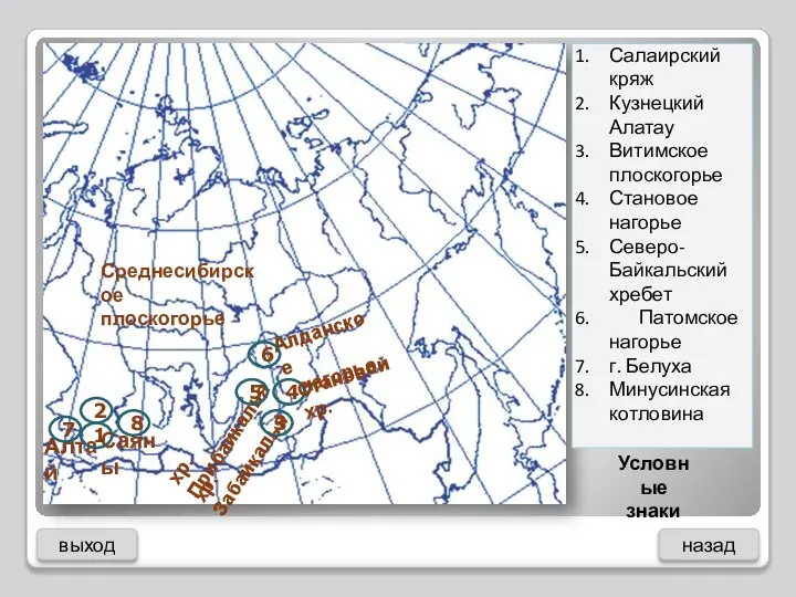Алтай Саяны Среднесибирское плоскогорье хр.Прибайкалья хр.Забайкалья Алданское нагорье Условные знаки 2 1