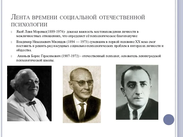 Лента времени социальной отечественной психологии Якоб Леви Моренко(1889-1974)- доказал важность местонахождения личности
