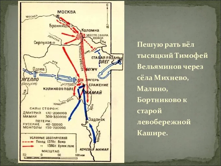 Пешую рать вёл тысяцкий Тимофей Вельяминов через сёла Михнево, Малино, Бортниково к старой левобережной Кашире.