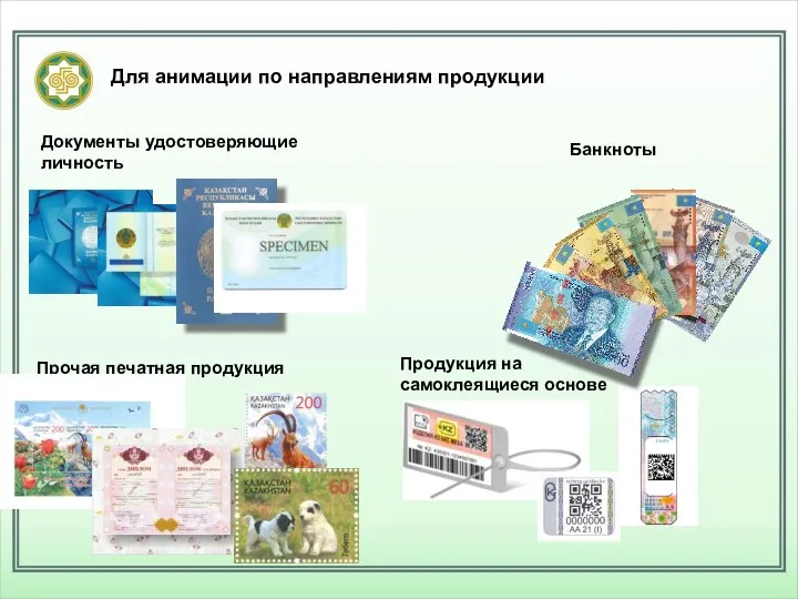 Для анимации по направлениям продукции Банкноты Документы удостоверяющие личность Прочая печатная продукция Продукция на самоклеящиеся основе