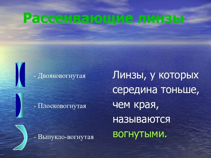 Рассеивающие линзы - Двояковогнутая - Плосковогнутая - Выпукло-вогнутая Линзы, у которых середина