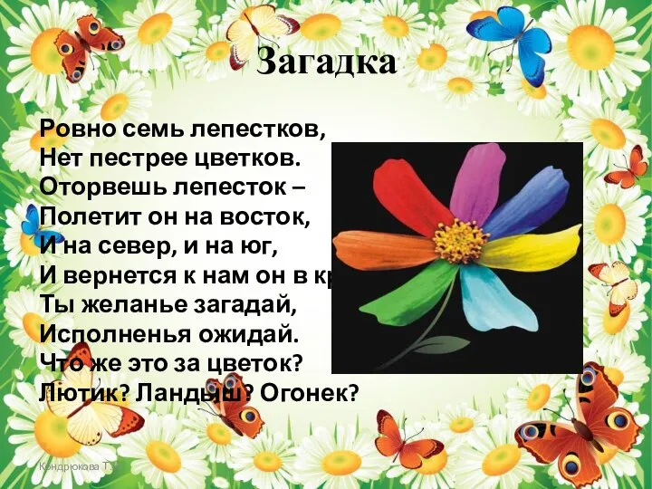 Кондрюкова Т.Н. Загадка Ровно семь лепестков, Нет пестрее цветков. Оторвешь лепесток –