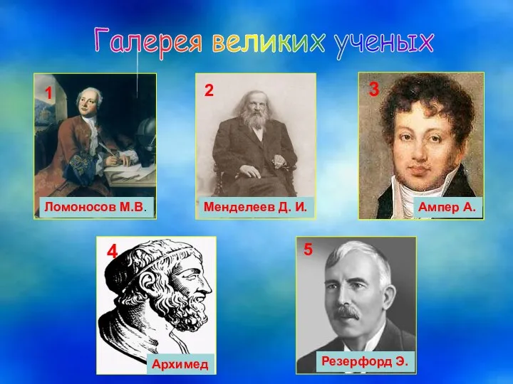 Галерея великих ученых Ломоносов М.В. Менделеев Д. И. Ампер А. Архимед Резерфорд