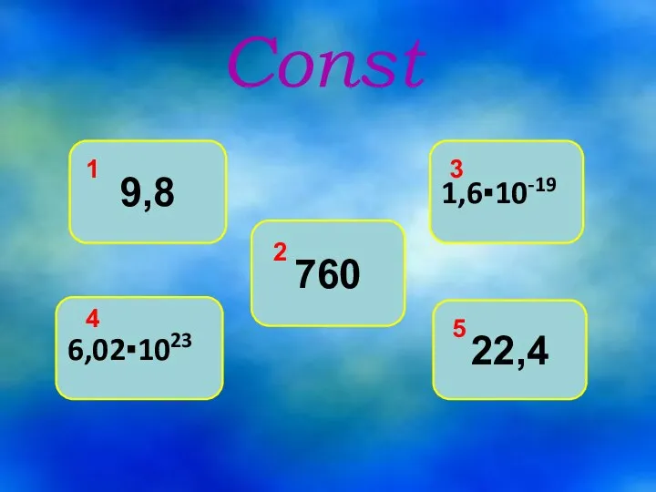 Соnst 9,8 760 1,6▪10-19 6,02▪1023 22,4 1 2 3 4 5