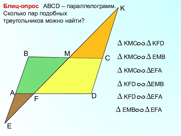 E B M АВСD – параллелограмм. Сколько пар подобных треугольников можно найти?