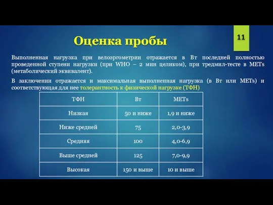 Оценка пробы Выполненная нагрузка при велоэргометрии отражается в Вт последней полностью проведенной