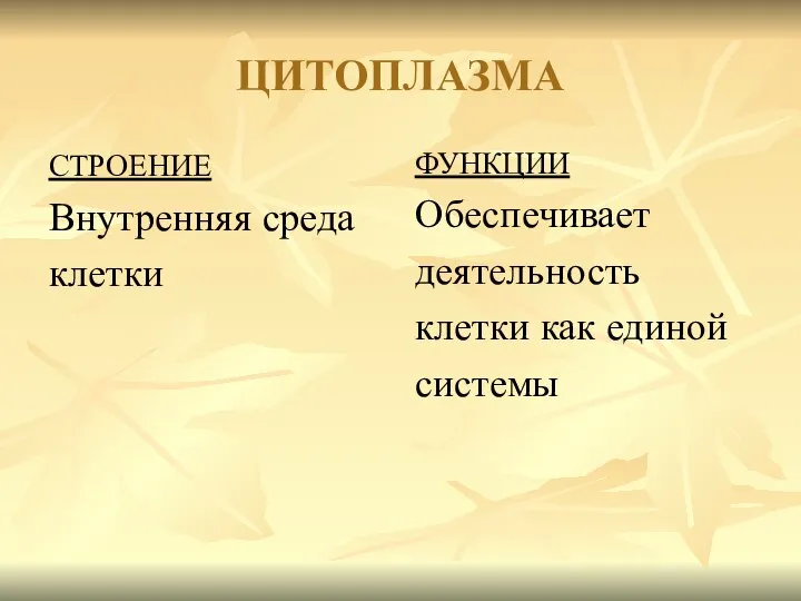 ЦИТОПЛАЗМА СТРОЕНИЕ Внутренняя среда клетки ФУНКЦИИ Обеспечивает деятельность клетки как единой системы