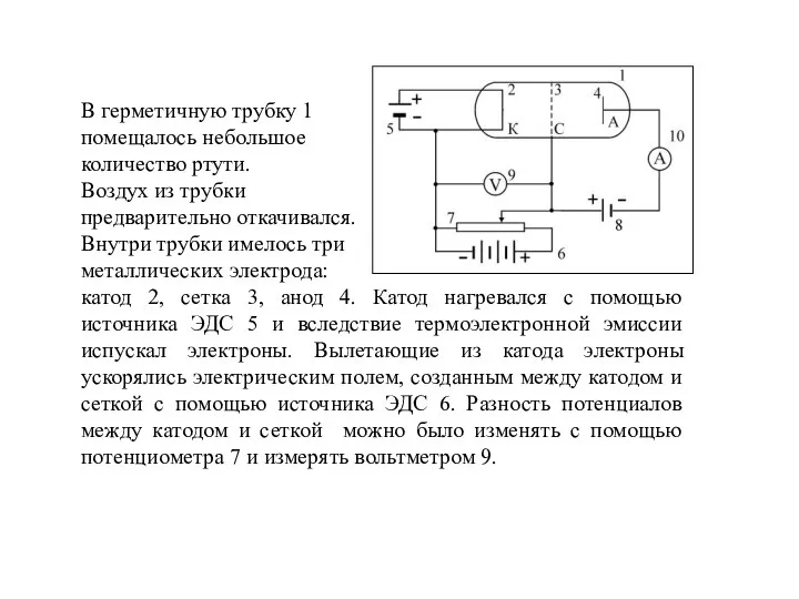 В герметичную трубку 1 помещалось небольшое количество ртути. Воздух из трубки предварительно
