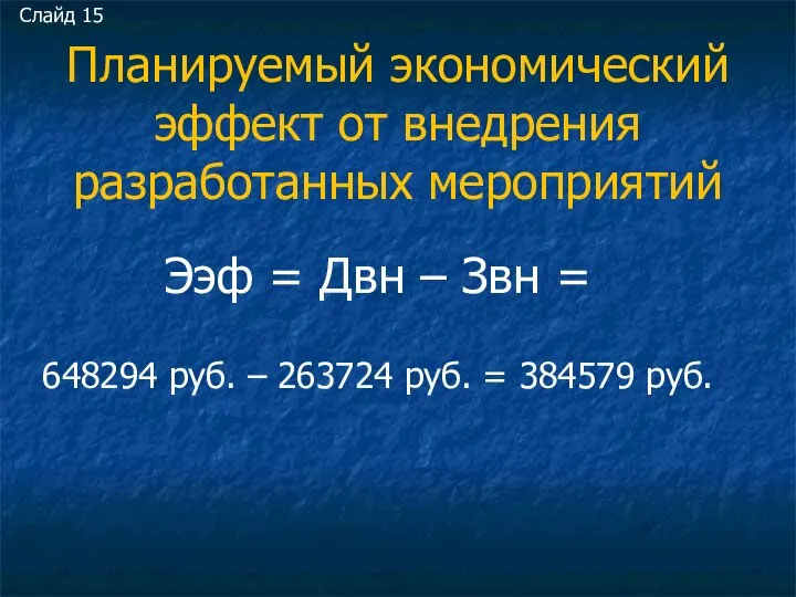 Планируемый экономический эффект от внедрения разработанных мероприятий Ээф = Двн – Звн