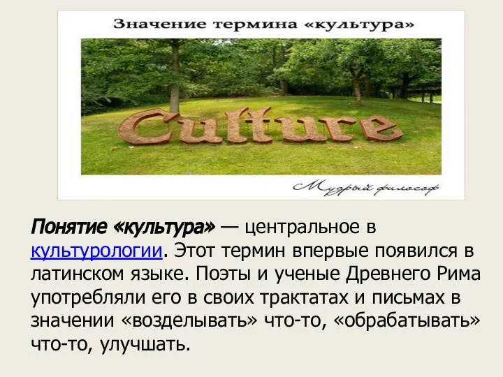 Понятие «культура» — центральное в культурологии. Этот термин впервые появился в латинском