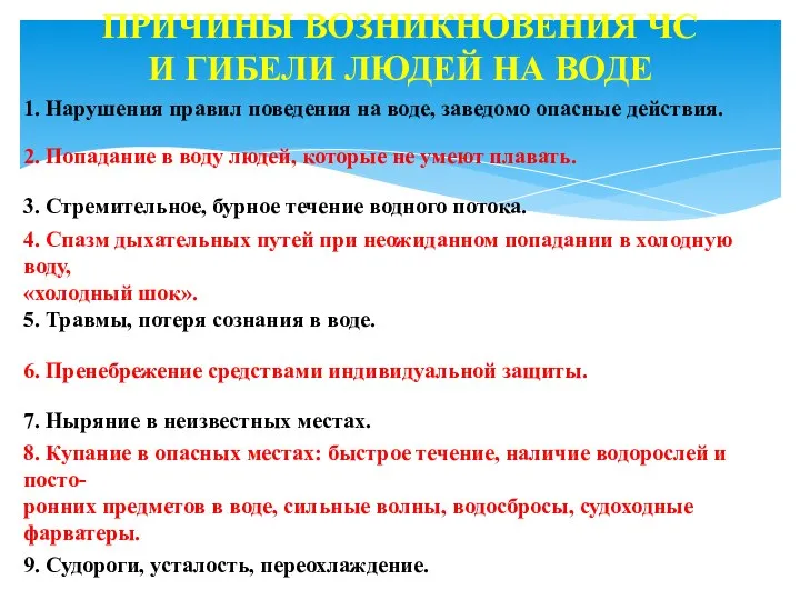 ПРИЧИНЫ ВОЗНИКНОВЕНИЯ ЧС И ГИБЕЛИ ЛЮДЕЙ НА ВОДЕ 1. Нарушения правил поведения