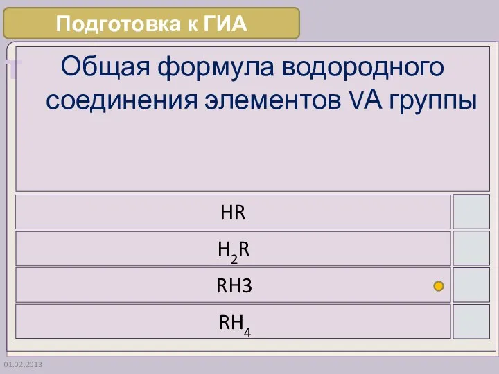 01.02.2013 Общая формула водородного соединения элементов VА группы HR H2R RH3 RH4 Подготовка к ГИА