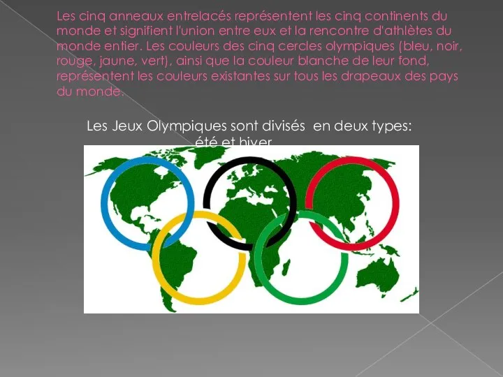 Les cinq anneaux entrelacés représentent les cinq continents du monde et signifient