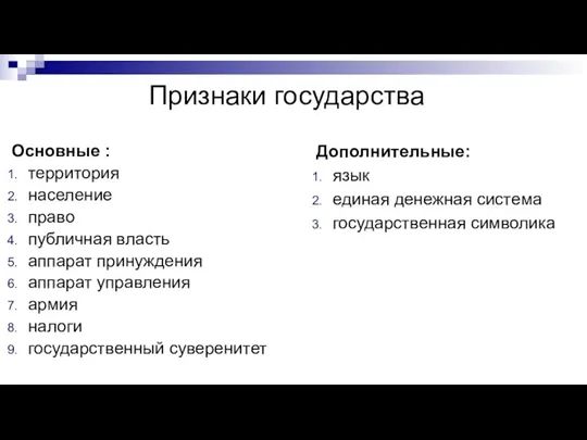 Признаки государства Основные : территория население право публичная власть аппарат принуждения аппарат