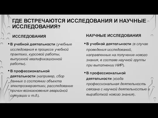 ГДЕ ВСТРЕЧАЮТСЯ ИССЛЕДОВАНИЯ И НАУЧНЫЕ ИССЛЕДОВАНИЯ? ИССЛЕДОВАНИЯ В учебной деятельности (учебные исследования