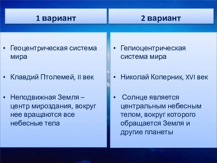 1 вариант Геоцентрическая система мира Клавдий Птолемей, II век Неподвижная Земля –