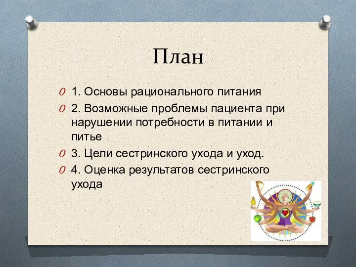 План 1. Основы рационального питания 2. Возможные проблемы пациента при нарушении потребности