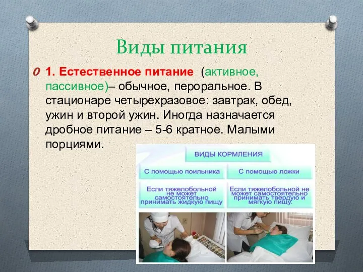 Виды питания 1. Естественное питание (активное, пассивное)– обычное, пероральное. В стационаре четырехразовое: