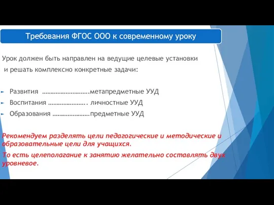 Урок должен быть направлен на ведущие целевые установки и решать комплексно конкретные