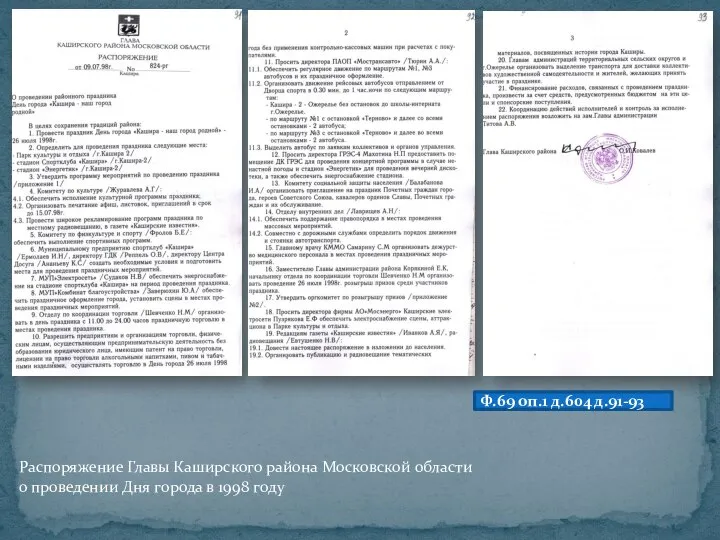 Распоряжение Главы Каширского района Московской области о проведении Дня города в 1998