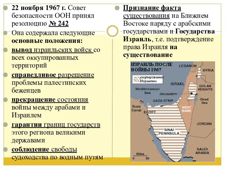 22 ноября 1967 г. Совет безопасности ООН принял резолюцию № 242 Она