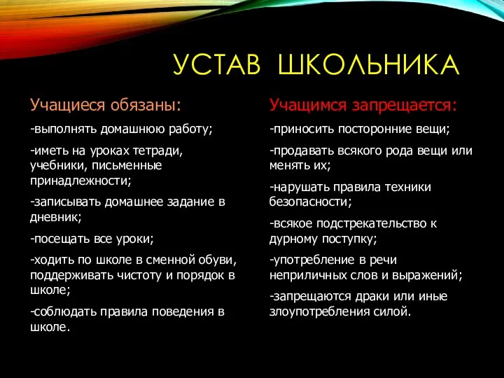 УСТАВ ШКОЛЬНИКА Учащиеся обязаны: -выполнять домашнюю работу; -иметь на уроках тетради, учебники,