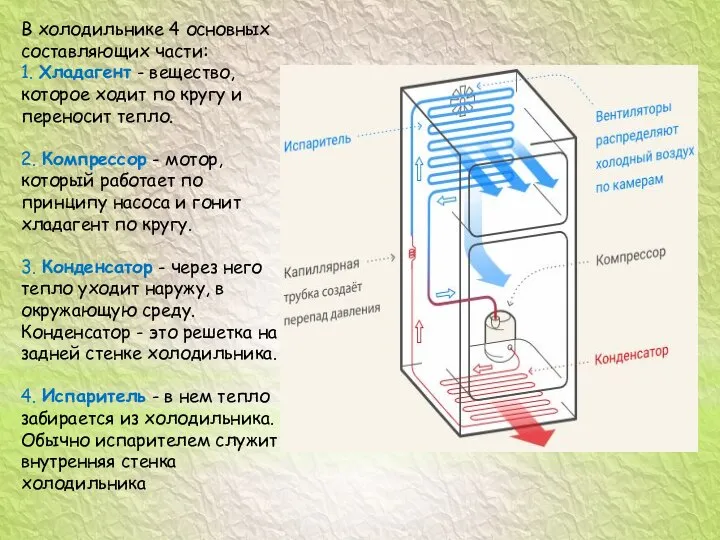 В холодильнике 4 основных составляющих части: 1. Хладагент - вещество, которое ходит