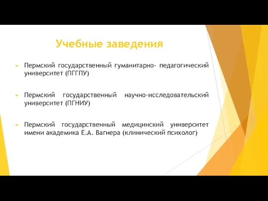 Учебные заведения Пермский государственный гуманитарно- педагогический университет (ПГГПУ) Пермский государственный научно-исследовательский университет