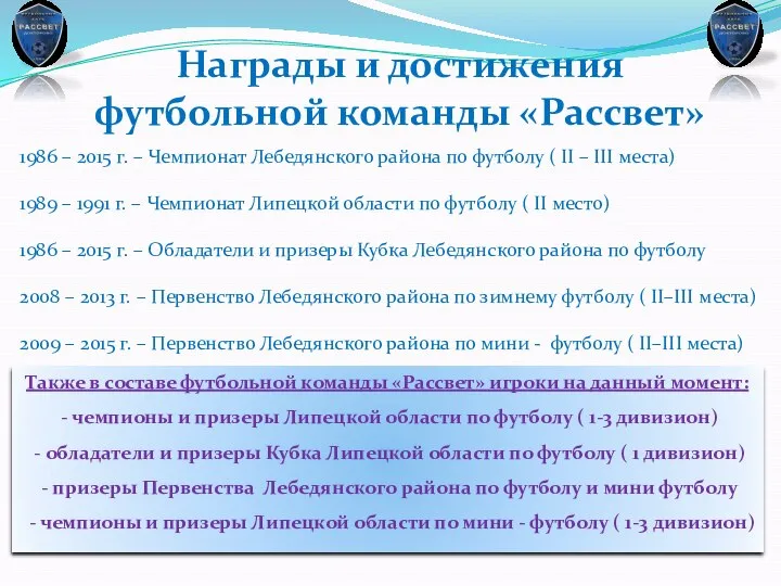 Награды и достижения футбольной команды «Рассвет» 1986 – 2015 г. – Чемпионат