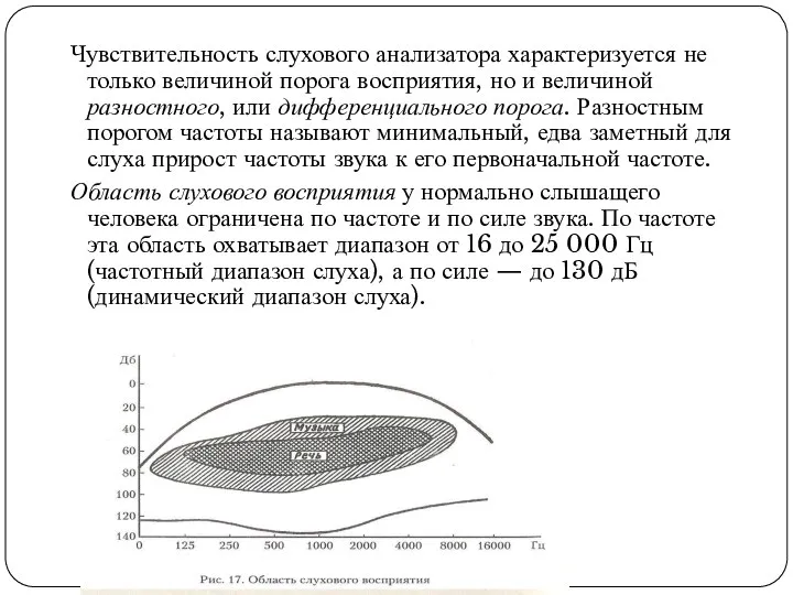 Чувствительность слухового анализатора характеризуется не только величиной порога восприятия, но и величиной