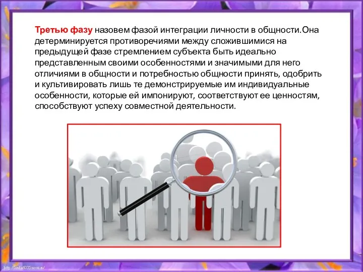 Третью фазу назовем фазой интеграции личности в общности.Она детерминируется противоречиями между сложившимися