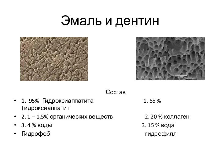 Эмаль и дентин Состав 1. 95% Гидроксиаппатита 1. 65 % Гидроксиаппатит 2.