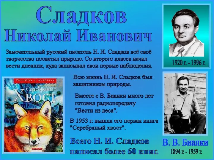 Сладков 1920 г. - 1996 г. Николай Иванович Замечательный русский писатель Н.