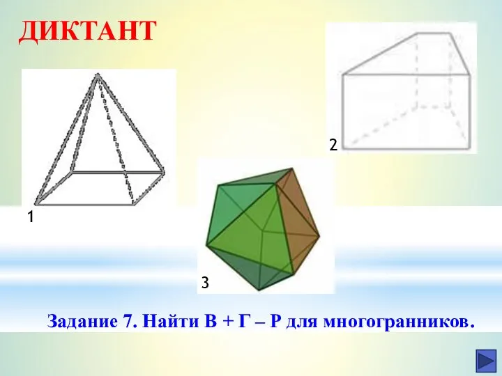 ДИКТАНТ Задание 7. Найти В + Г – Р для многогранников. 1 3 2