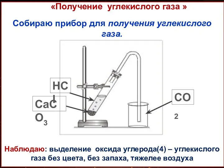 Собираю прибор для получения углекислого газа. Наблюдаю: выделение оксида углерода(4) – углекислого