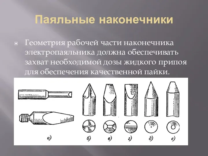 Паяльные наконечники Геометрия рабочей части наконечника электропаяльника должна обеспечивать захват необходимой дозы