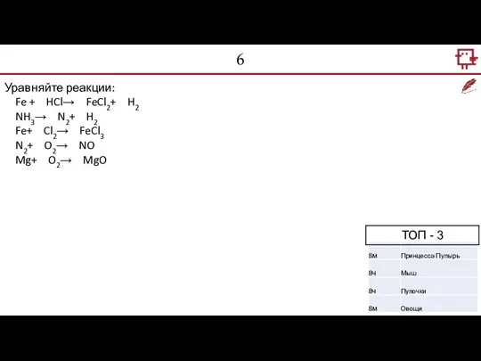6 Уравняйте реакции: Fe + HCl→ FeCl2+ H2 NH3→ N2+ H2 Fe+