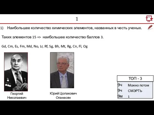 1 Наибольшее количество химических элементов, названных в честь ученых. Таких элементов 15