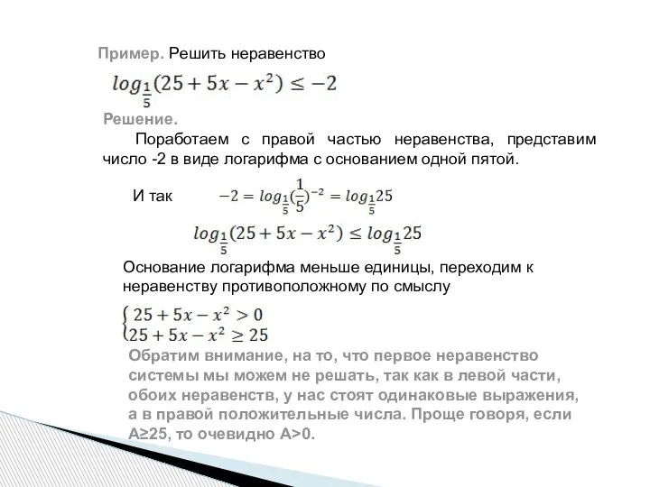 Пример. Решить неравенство Решение. Поработаем с правой частью неравенства, представим число -2