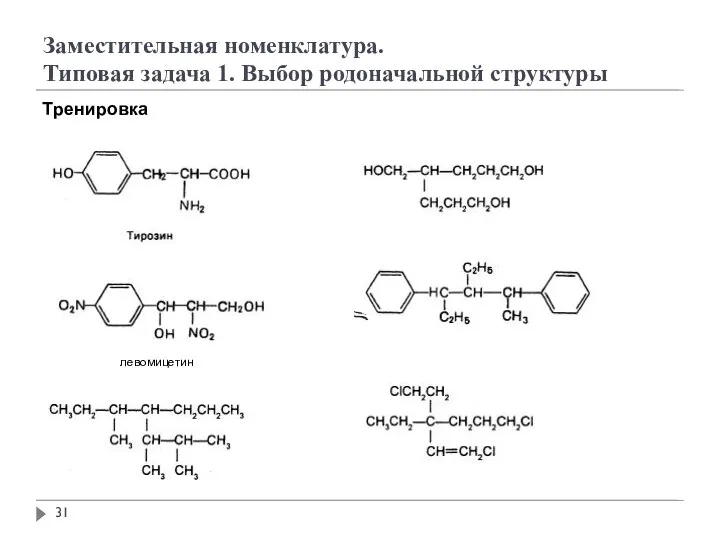 Заместительная номенклатура. Типовая задача 1. Выбор родоначальной структуры Тренировка левомицетин