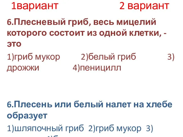 1вариант 2 вариант 6.Плесневый гриб, весь мицелий которого состоит из одной клетки,