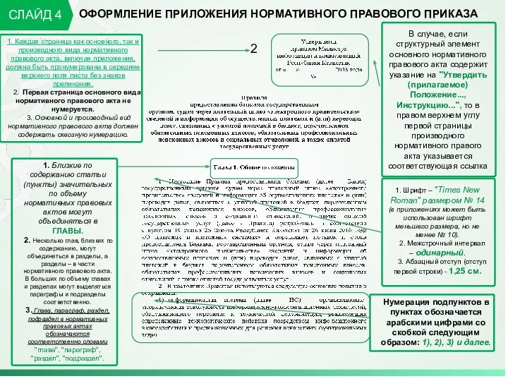 ОФОРМЛЕНИЕ ПРИЛОЖЕНИЯ НОРМАТИВНОГО ПРАВОВОГО ПРИКАЗА СЛАЙД 4 1. Близкие по содержанию статьи