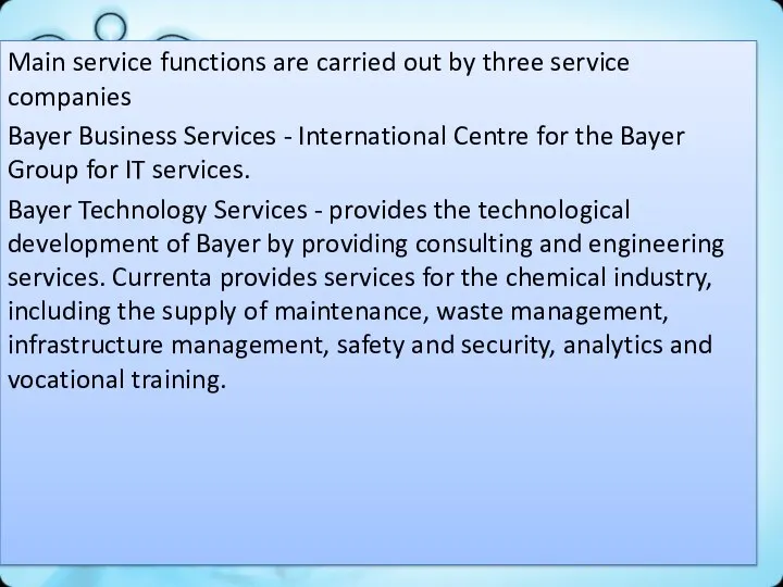 Main service functions are carried out by three service companies Bayer Business