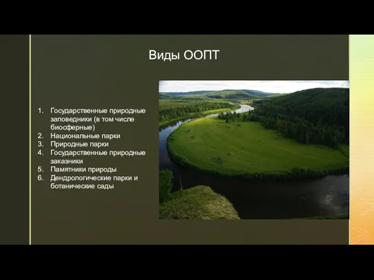Виды ООПТ Государственные природные заповедники (в том числе биосферные) Национальные парки Природные