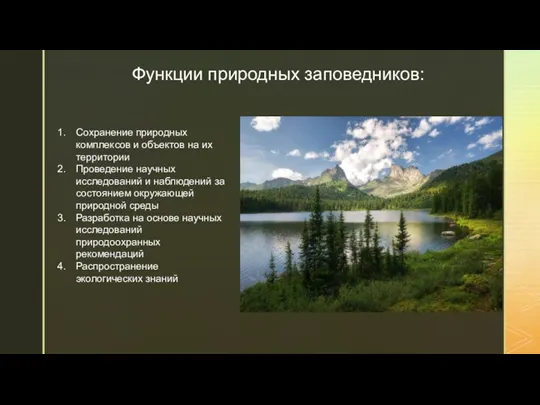 Функции природных заповедников: Сохранение природных комплексов и объектов на их территории Проведение