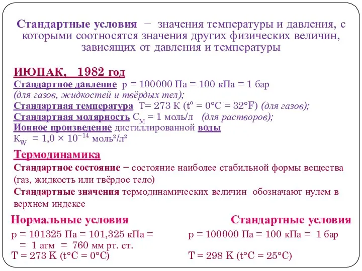 ИЮПАК, 1982 год Стандартное давление р = 100000 Па = 100 кПа